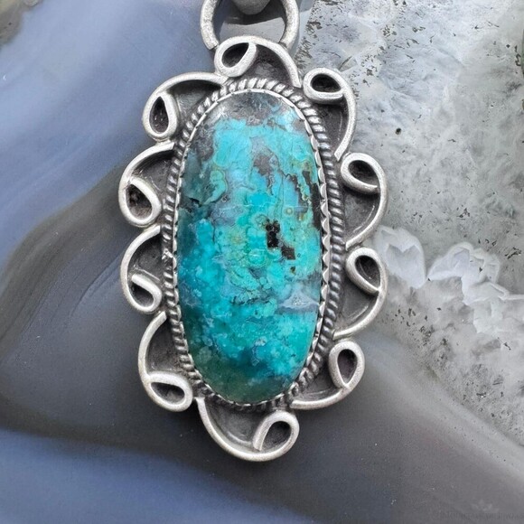 Sterling Silver Southwestern Style Oval Turquoise Decorated Pendant For Women - Picture 6 of 10